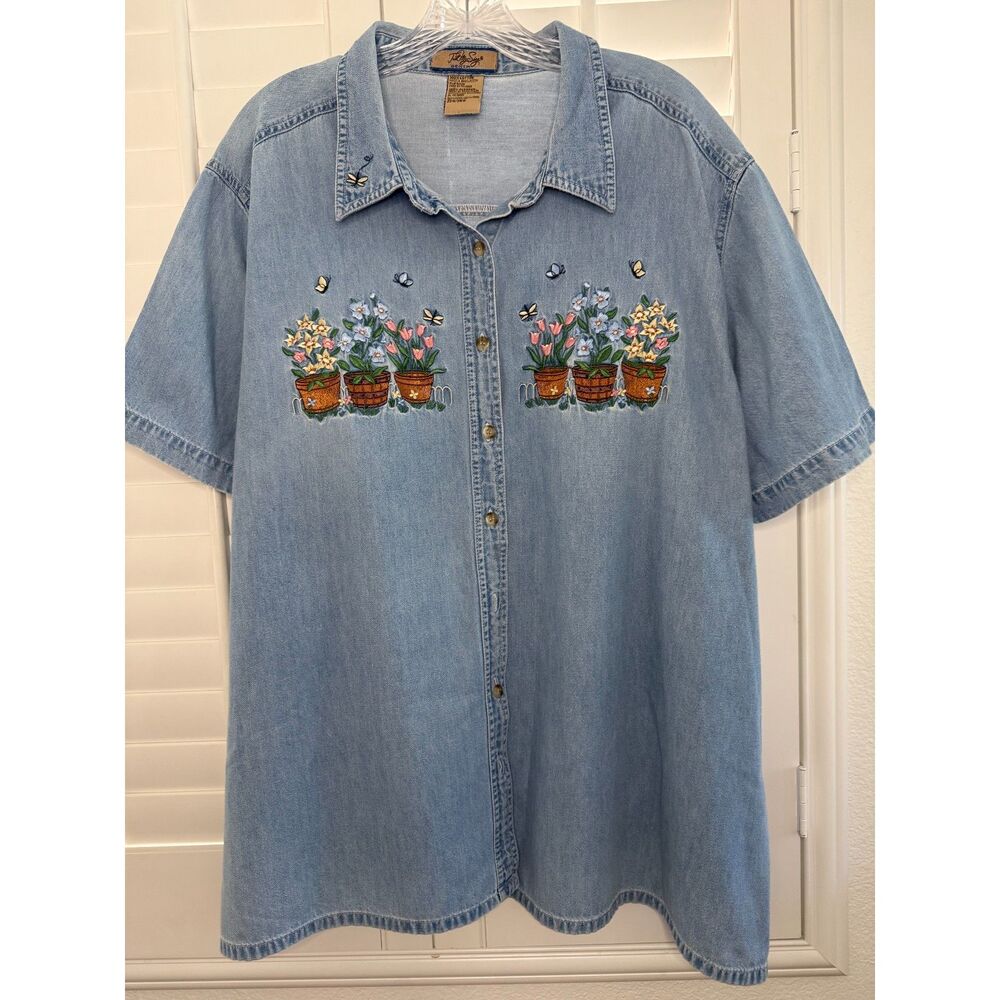 Just My Size Embroidered Floral Denim ShortSleeve Button Up Shirt 22W/24W XL-3XL